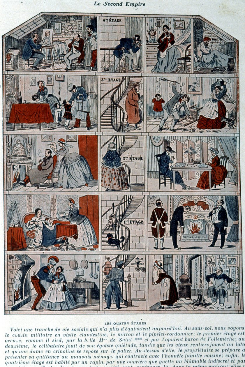 Five floors showing the different social classes under the second empire. Illustration represented as a cross section of a Parisian building. 作者 未知艺术家