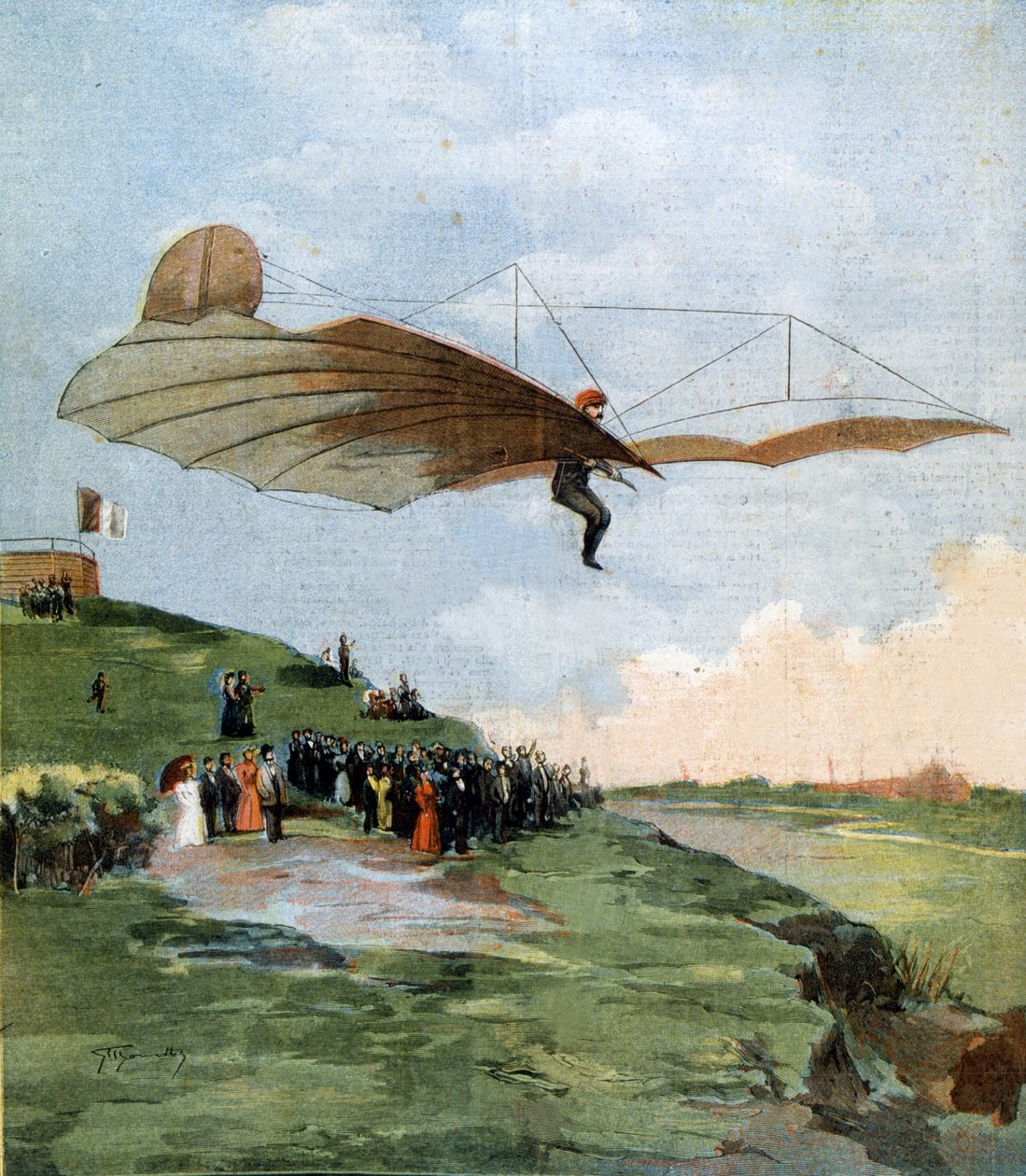 Otto Lilienthal (1848 - 1896) 的飞行，滑翔的先驱。 1894 年。 作者 未知艺术家