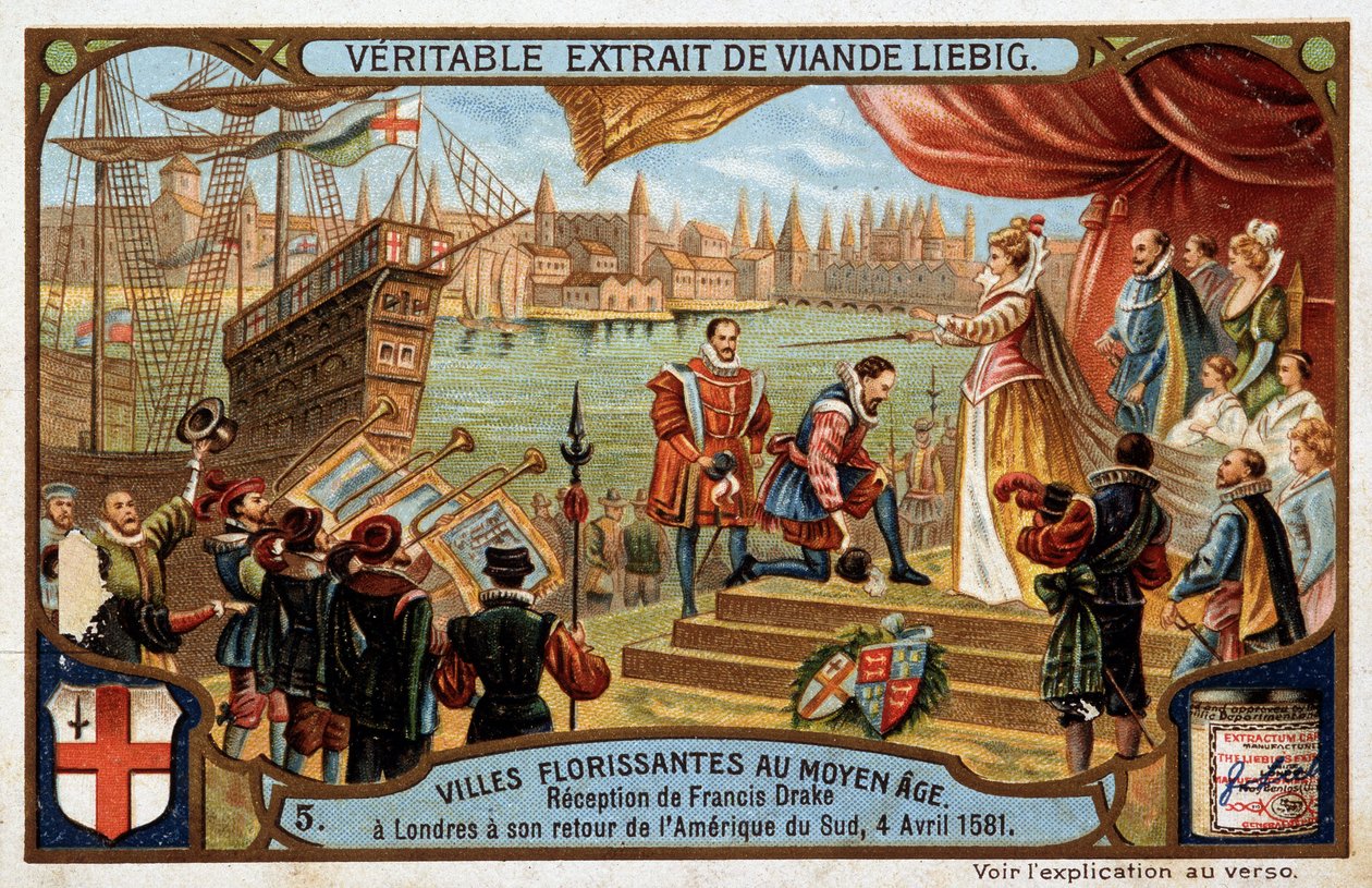 中世纪盛开的城市：弗朗西斯·德雷克（Francis Drake，1542-1596）于 4 月 4 日从南美洲返回伦敦（英格兰） 作者 未知艺术家