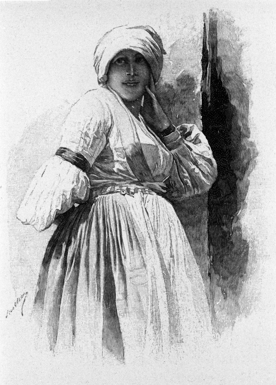 民间传说：身着 Piana degli Albanesi 传统服装的女人。 19 世纪的西西里岛雕刻 作者 未知艺术家