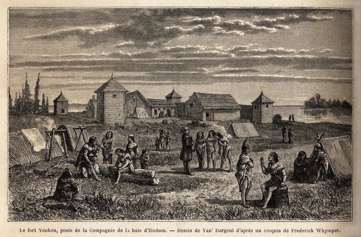Fort Youkon, in the Gulf of Norton, Alaska, founded in 1847, an establishment of the Hudson Bay Company, Indians encamped around the palisades. Engraving to illustrate the voyage and adventures in English Colombia, Vancouver Island and Alaska, by Frederick 作者 未知艺术家
