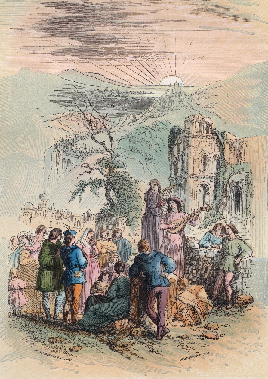 中世纪时期的法国。寻找令人兴奋的人参加十字军东征。西奥多-贾斯特（1818-1888）于1868年在《从原始时代到利奥波德一世统治末期的比利时历史》中的雕刻。私人收藏。 作者 未知艺术家