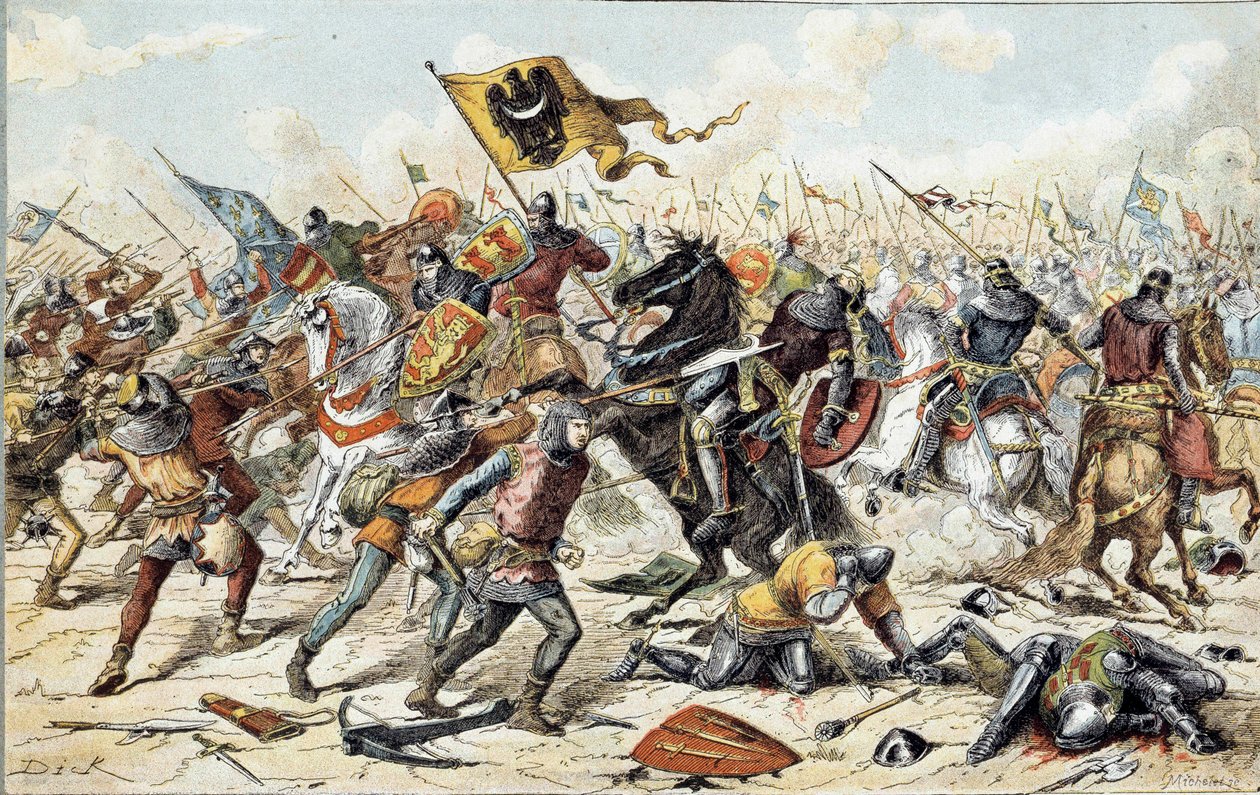 Franco-English War (1202-1214): the Battle of Bouvines on 27/07/1214 between the French army of Philippe Auguste and the Flemish and Welfs of Othon IV. The French victory was decisive in the outcome of the war. 19th century. Paris, Musee de l