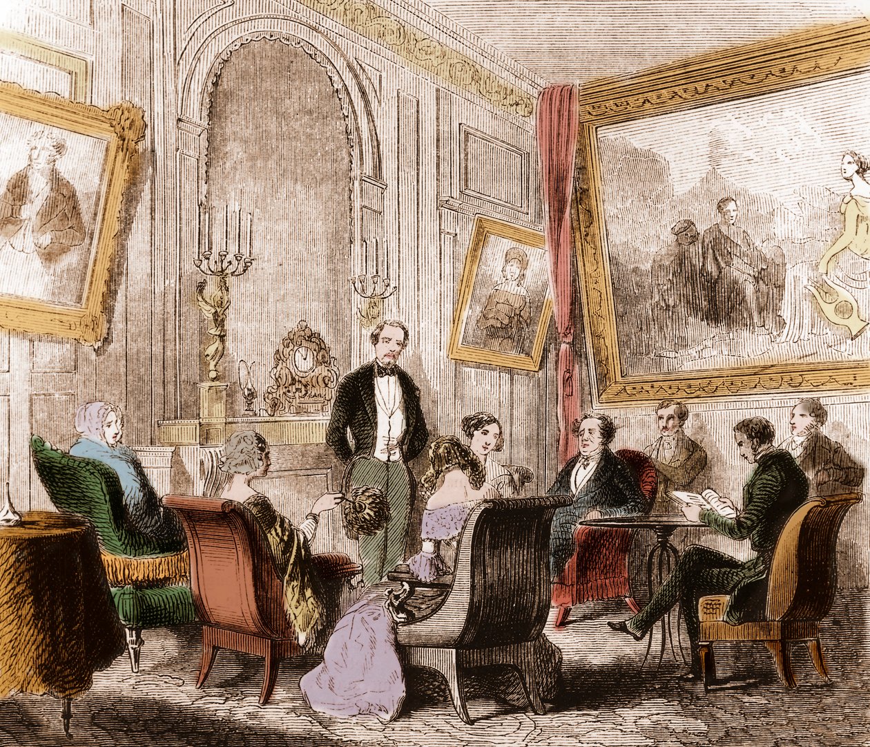 Francois Rene de Chateaubriand（1768-1848），法国作家和政治家，在巴黎塞夫勒街Abbey-au-Bois的Recamier夫人的客厅里阅读 "Memoires d