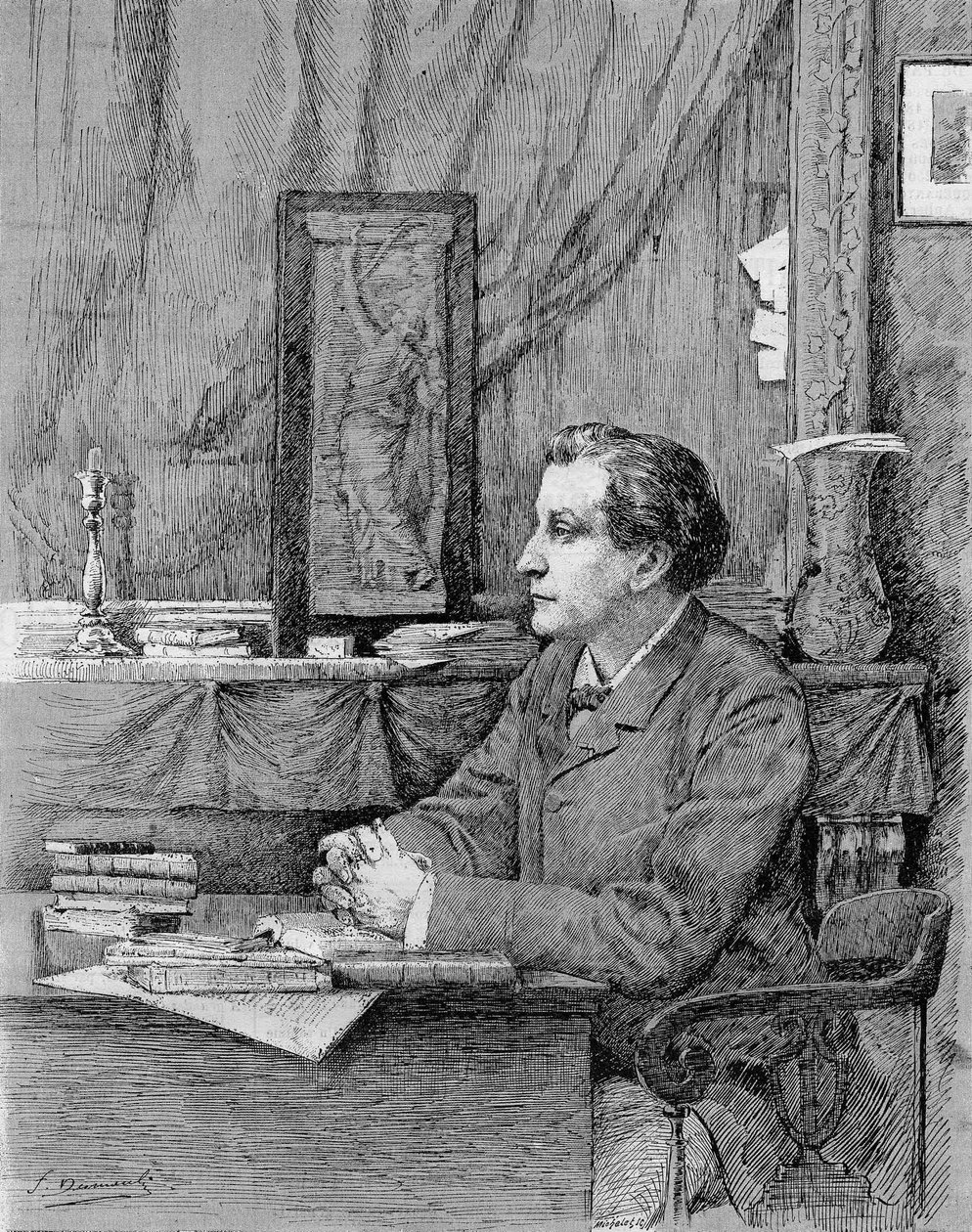 弗朗索瓦-科佩（1842-1908），法国诗人和剧作家。由M.F. Desmoulins绘制。1885年。 作者 未知艺术家
