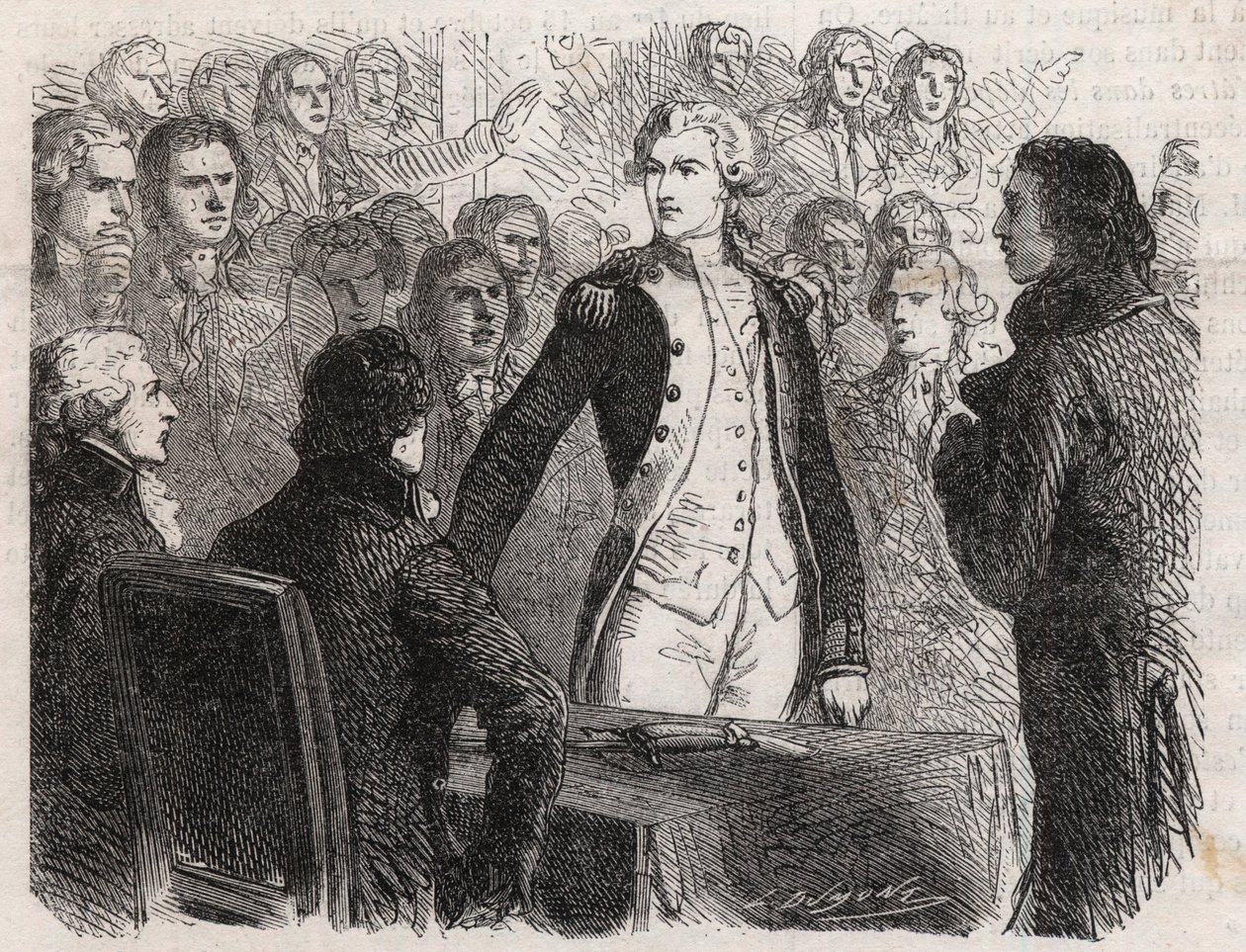法国大革命。Gilbert du Motier de La Fayette将军（1757-1834）辞去国民警卫队的指挥权 - "世界插图 "中的版画 作者 未知艺术家