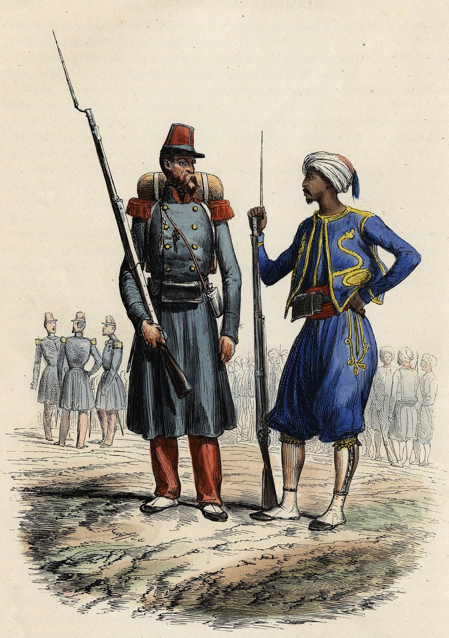 法国军服。左边是1831年组建并派往阿尔及利亚的外国军团。右边是1841年训练并派往阿尔及利亚的本土骑手。L
