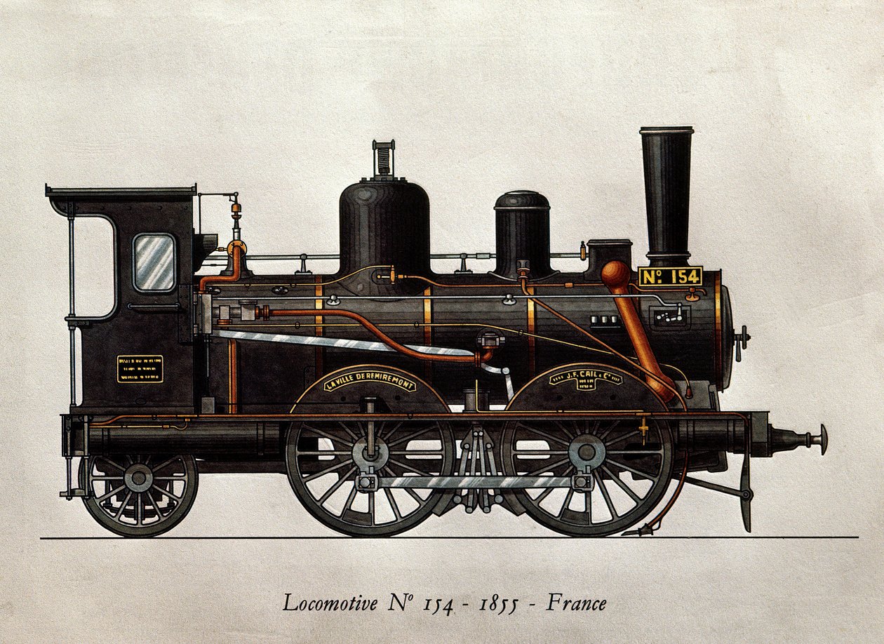 法国火车。1855年第154号机车。雕刻。巴黎，装饰艺术 作者 未知艺术家