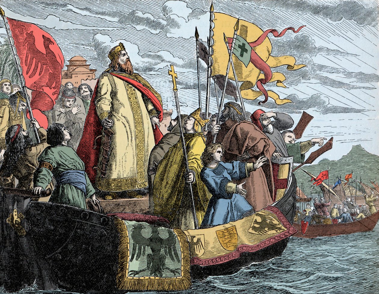 弗里德里希穿越小亚细亚 - 腓特烈一世在第三次十字军东征（1189 年）期间称弗雷德里克·巴伯鲁斯 (1122/25-1190)（霍亨斯陶芬的弗雷德里克一世）。 作者 未知艺术家