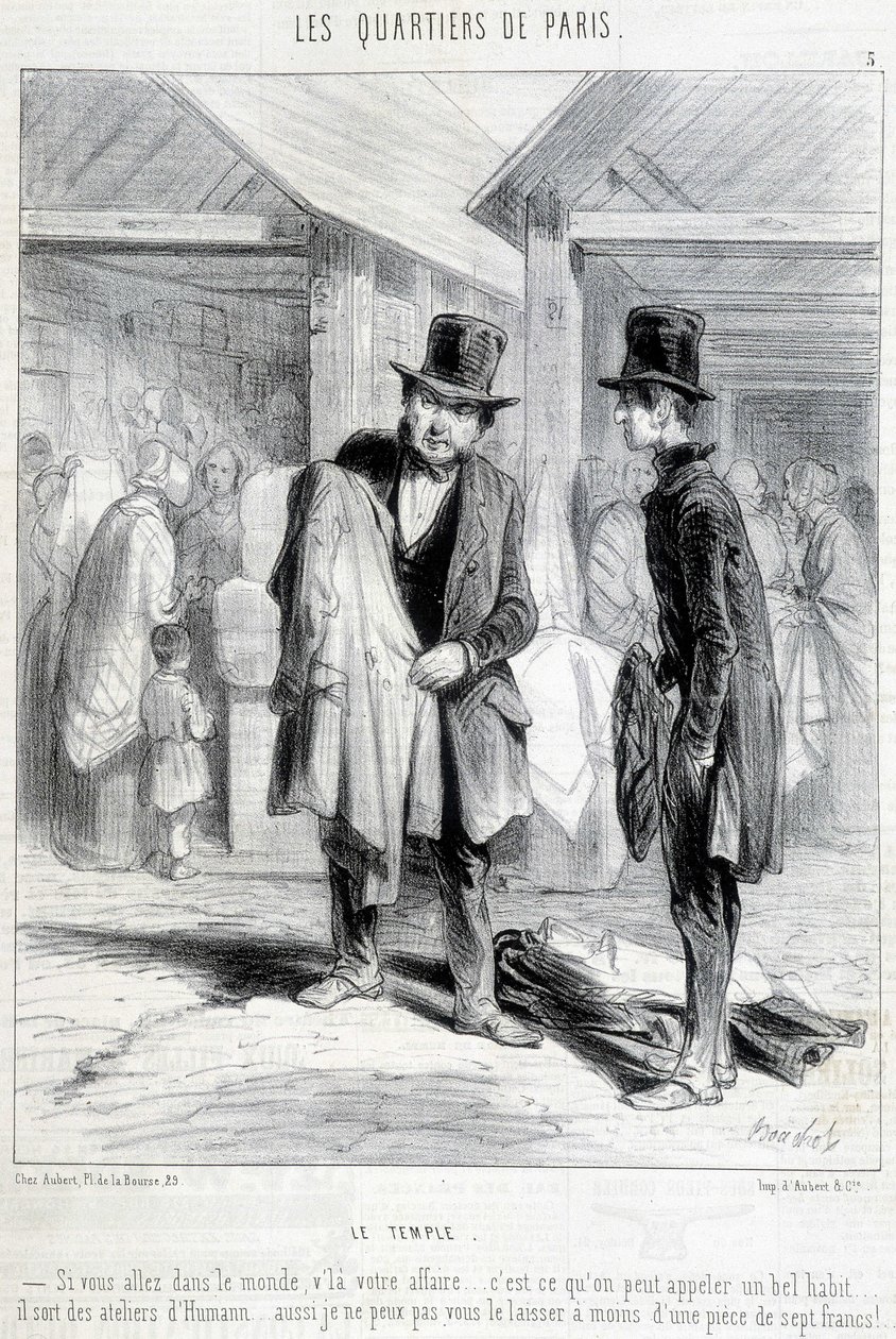 Fripier from the temple district in Paris trying to sell clothes to a man. Engraving of the 19th century. 作者 未知艺术家