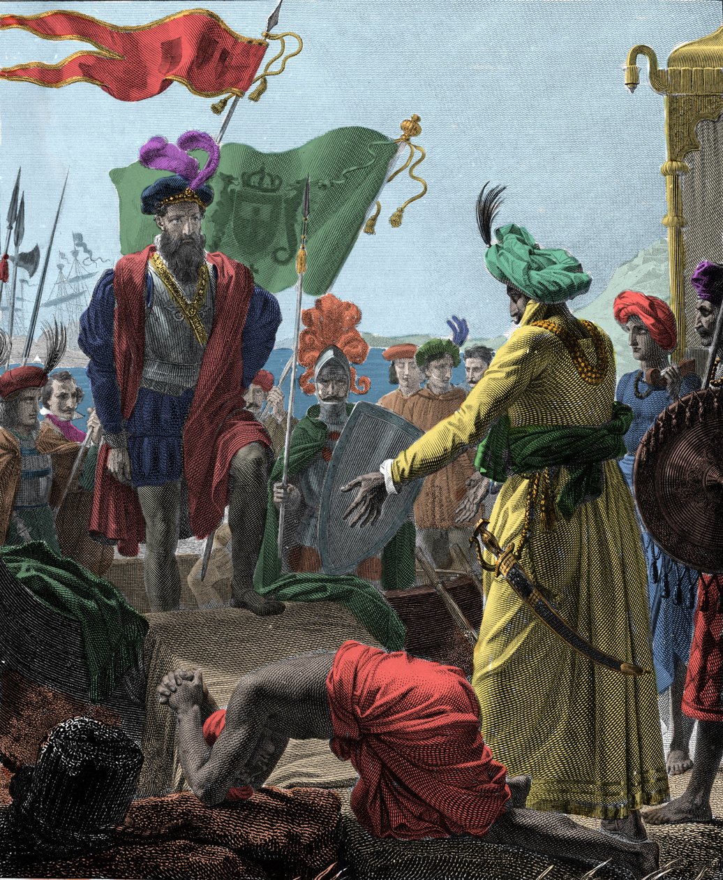从 Vasco de Gama（1469-1524 年，葡萄牙探险家）到 1498 年在印度的卡利卡特（今科泽科德）。雕刻 1817.. 作者 未知艺术家