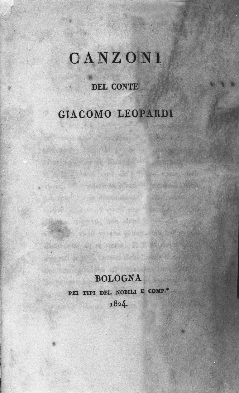 意大利诗人贾科莫·莱奥帕尔迪 (Giacomo Leopardi) (1798 - 1837) 1824 年创作的“Canzoni”（圣歌）前沿 作者 未知艺术家