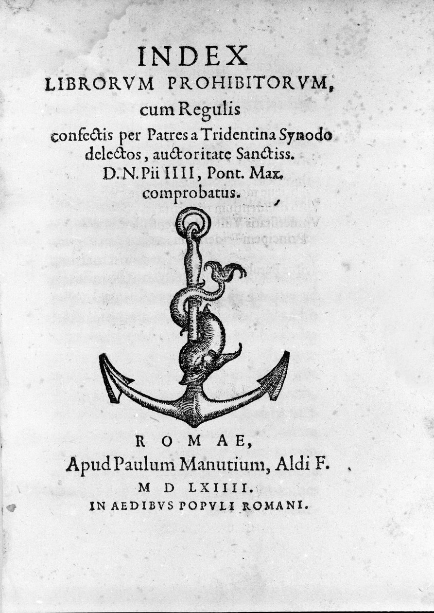 1564年在罗马出版的Index Librorum Prohibitorum（《禁书索引》或Index Exurgatorius）的正面插图。他列出了罗马天主教徒不允许阅读的书籍。 作者 未知艺术家