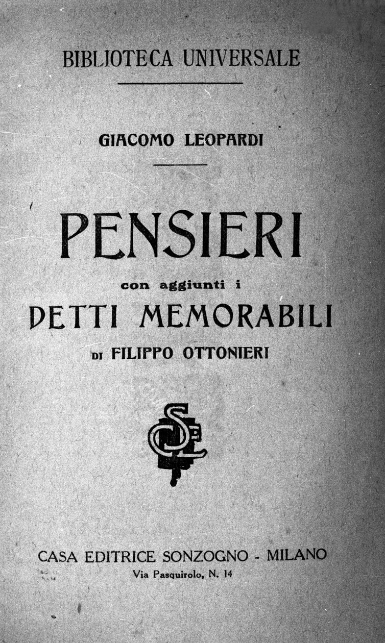 意大利诗人贾科莫-莱奥帕尔迪（1798-1837）的 "Pensieri"(Pensees)的正面插图 19世纪 作者 未知艺术家