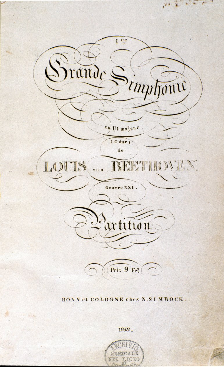 The Symphony n. 乐谱第一德文版的 Frontispice。 德国作曲家路德维希·范·贝多芬 (1770-1827) (1799-1800) 的 C 大调第一首。 波恩 作者 未知艺术家