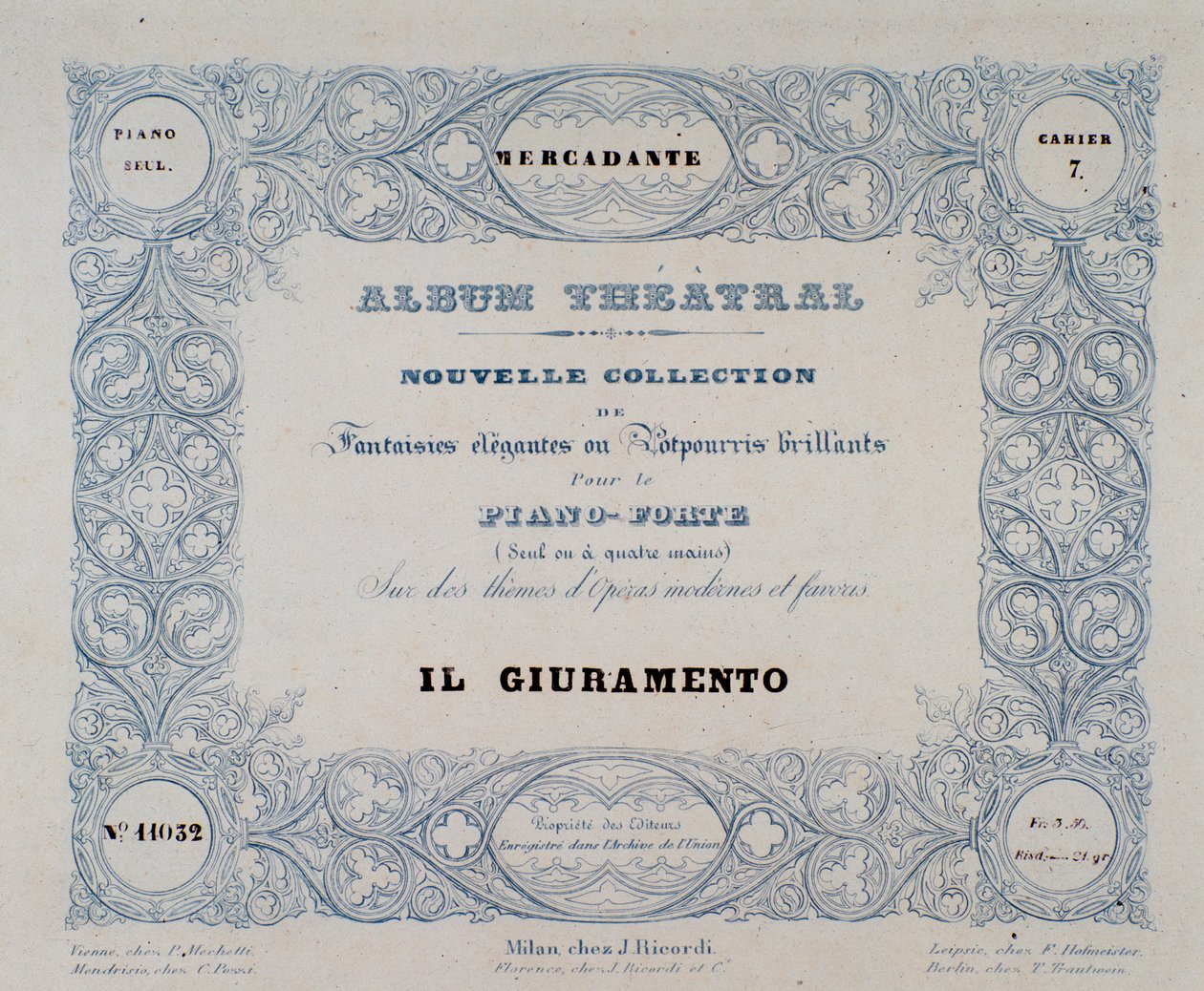 Mercadante 歌剧 Il Giuramento 的 Frontispice (1837) 作者 未知艺术家