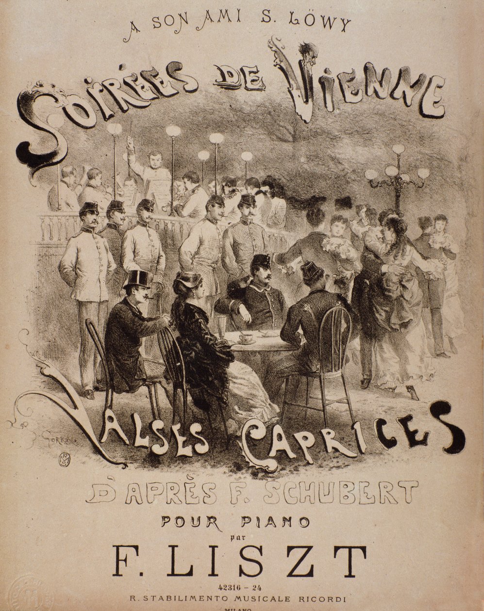 李斯特（19世纪）为钢琴创作的《维埃纳之夜》（Soirees de Vienne, Caprices Walses）乐谱的封面。 作者 未知艺术家