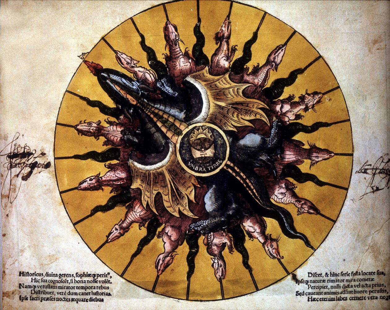 Frontispice 代表太阳 - 在“Astronomicum Caesarium”中，P. Apiano 撰写的与托勒密理论相关的天文学论文。 作者 未知艺术家