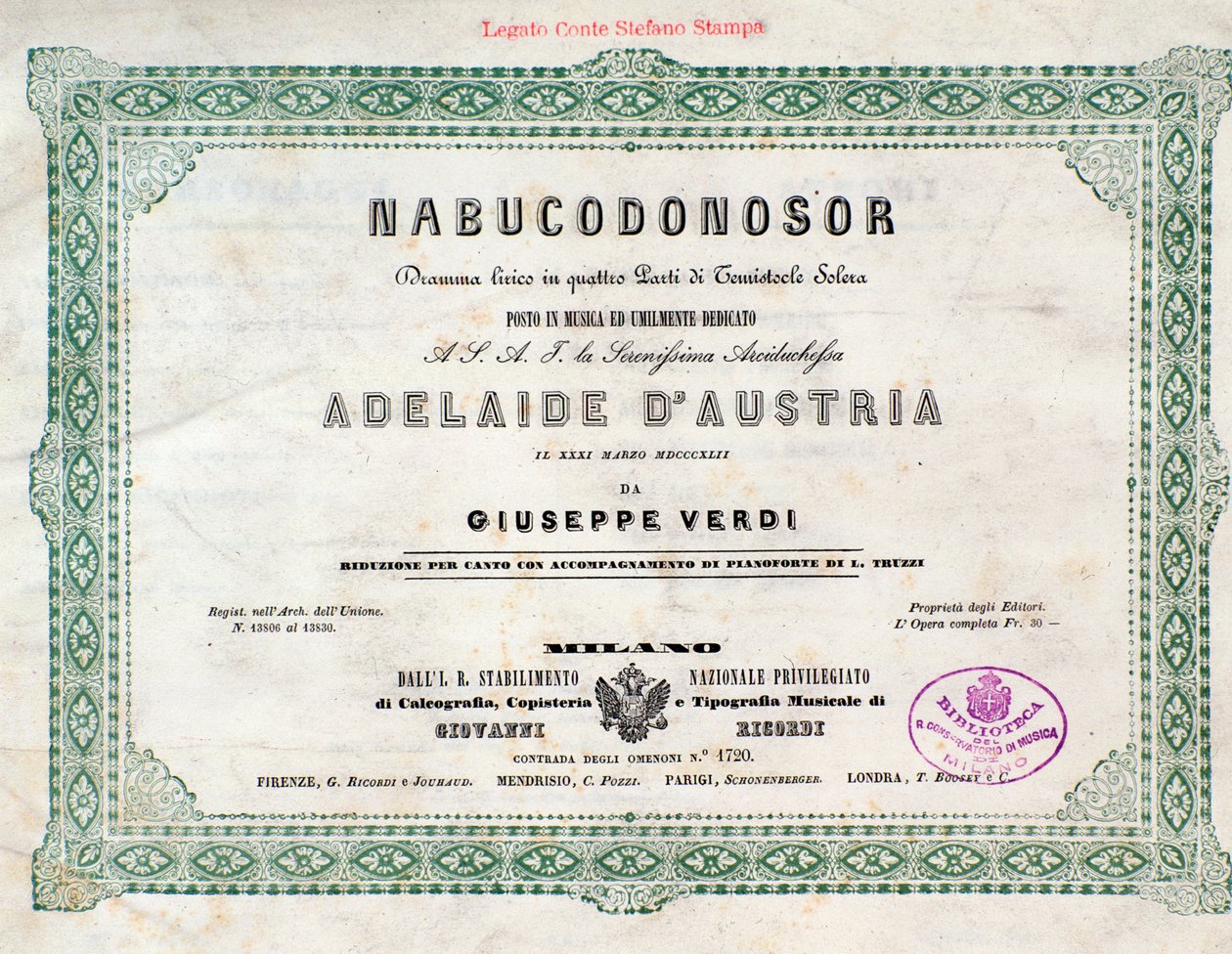 Frontispiece of musical score of Nabucco opera by Giuseppe Verdi 作者 未知艺术家