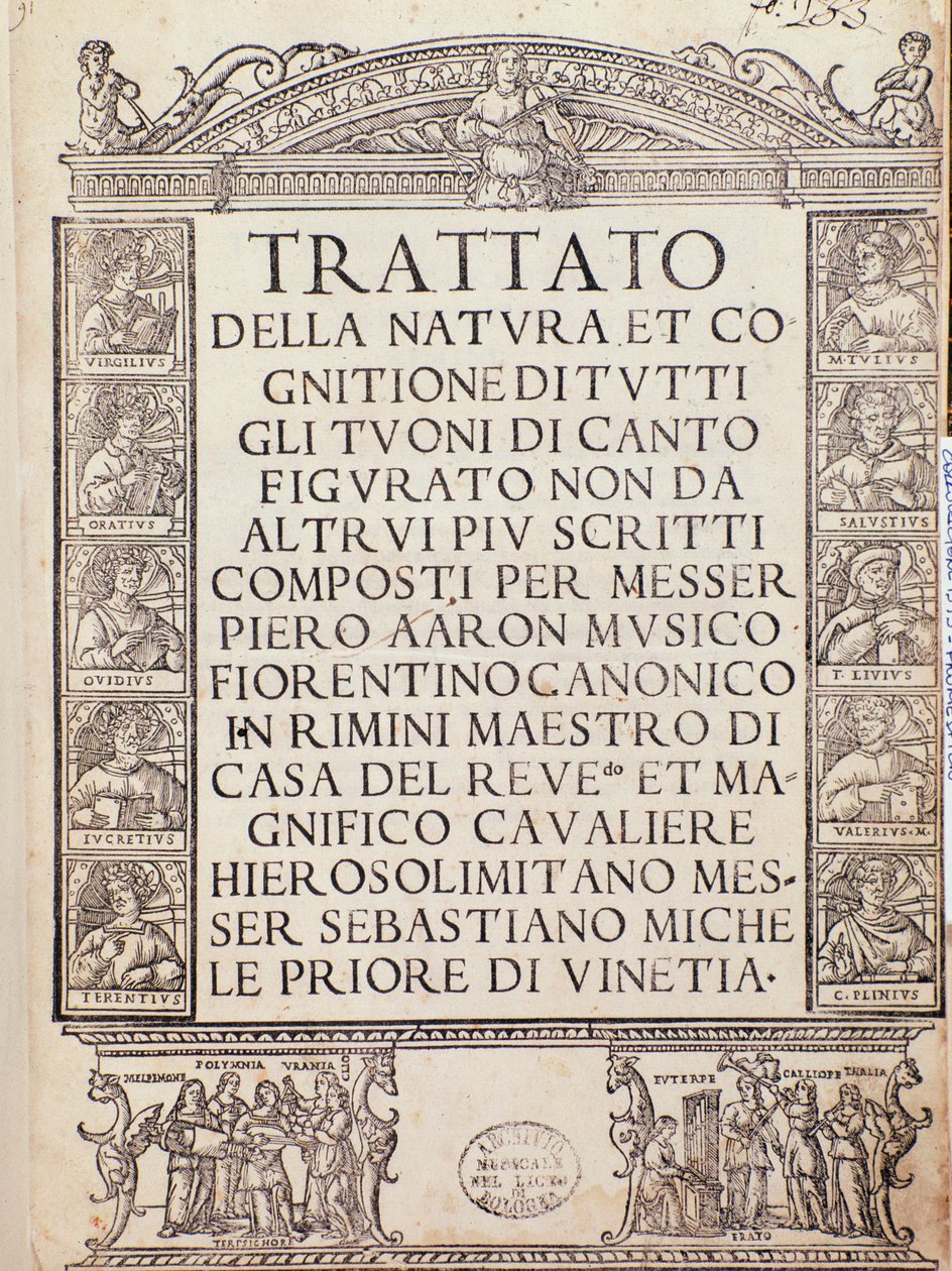 皮特罗-阿隆的《自然与认知》（Trattato della natura e Cognizione di tutti gli duoni di canto figurato）的正面插图或标题页 作者 未知艺术家