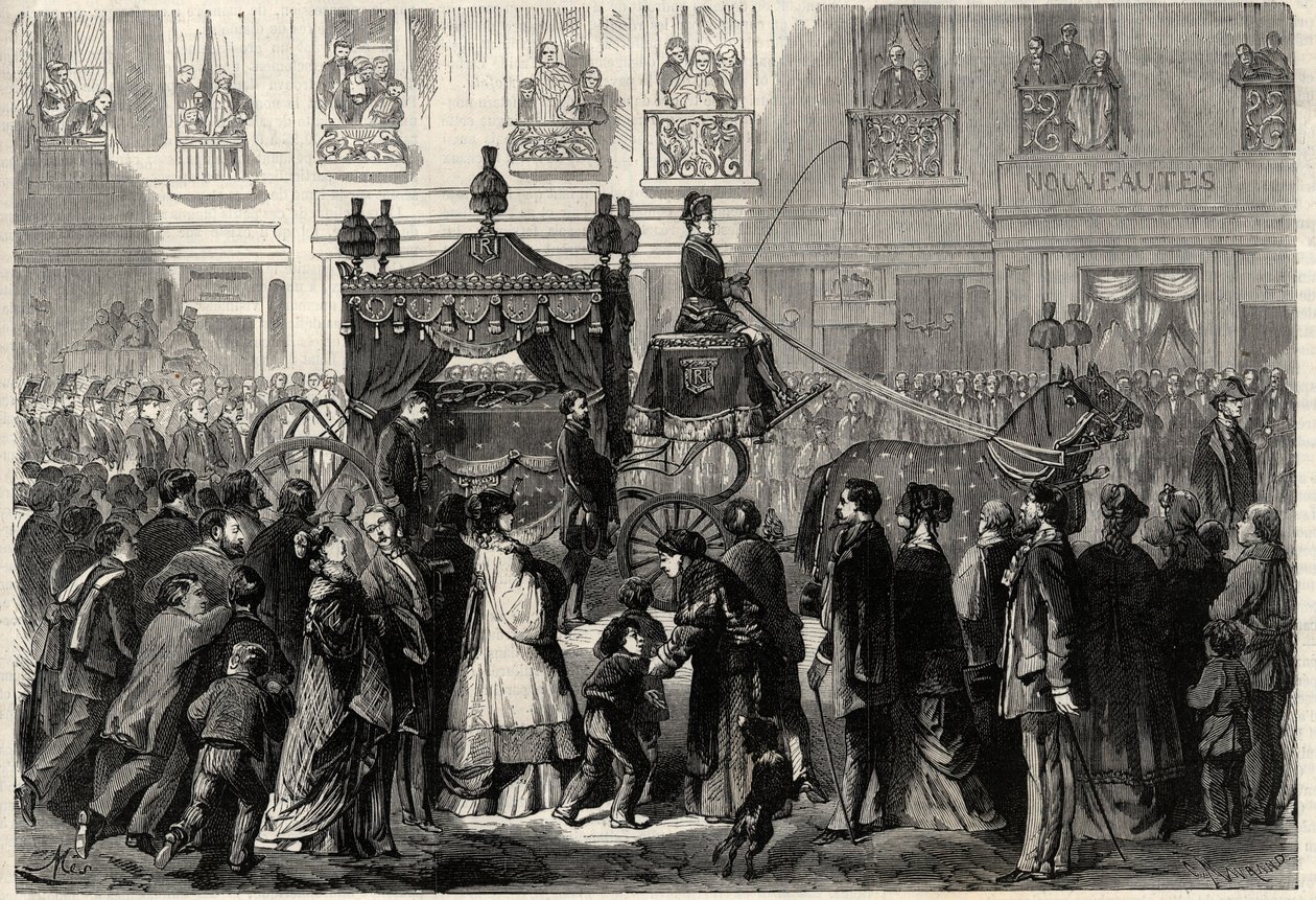 吉奥奇诺（Gioachino）-罗西尼（1799-1868）在巴黎的遗体告别仪式上的送行队伍。在 "杰出的宇宙 "中的版画 作者 未知艺术家