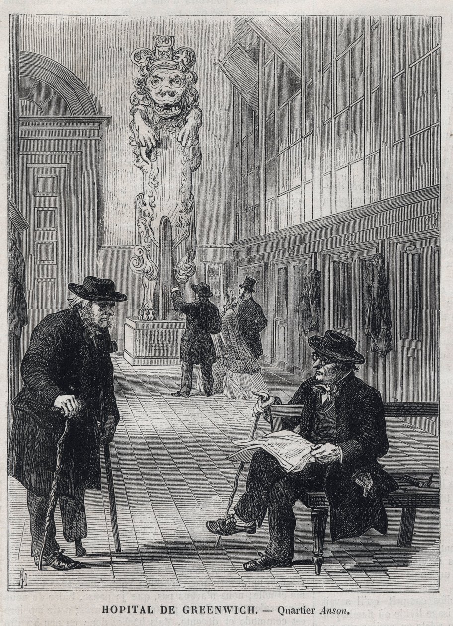 格林威治医院（GREENWICH HOSPITAL）。军舰 "百夫长 "的头像占据了医院的安生病房，该医院将于1869年关闭，并被改建为海军学院 - 雕刻自1866年的 "图解世界 作者 未知艺术家