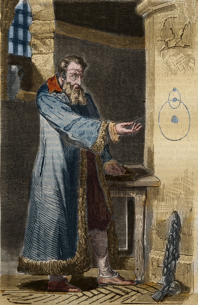 加利利和宗教裁判所。"E pure so muove!"（却又转身）。意大利天文学家伽利略（1564-1642）在宗教裁判所面前被迫否认他的地球绕地球旋转的理论后，于1633年在狱中说出了这句话。 作者 未知艺术家
