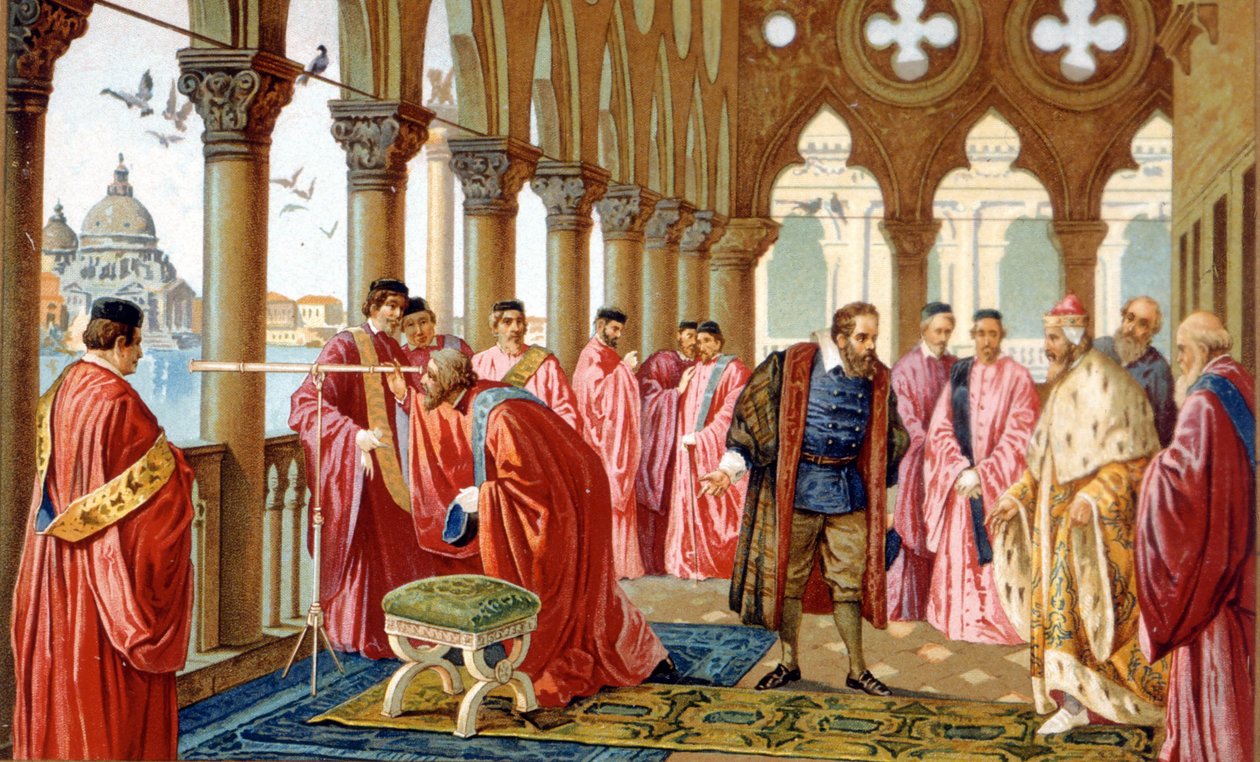 Galileo Galilei (1564 - 1642) 在威尼斯总督宫展示其表圈。 19 世纪的彩色石版画。 作者 未知艺术家