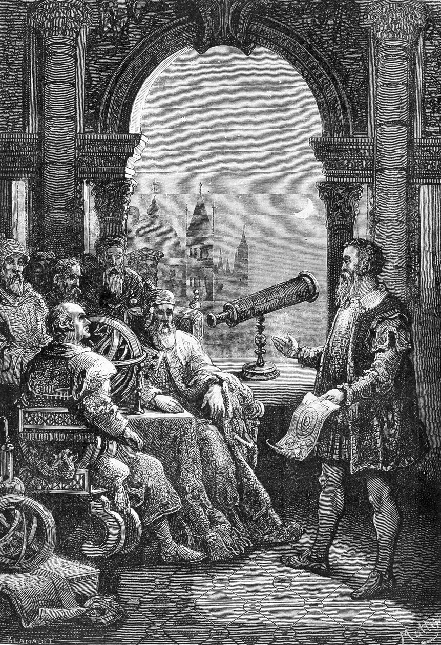 伽利略·伽利略 (Galileo) 在威尼斯总督展示首个天文表圈。 作者 未知艺术家