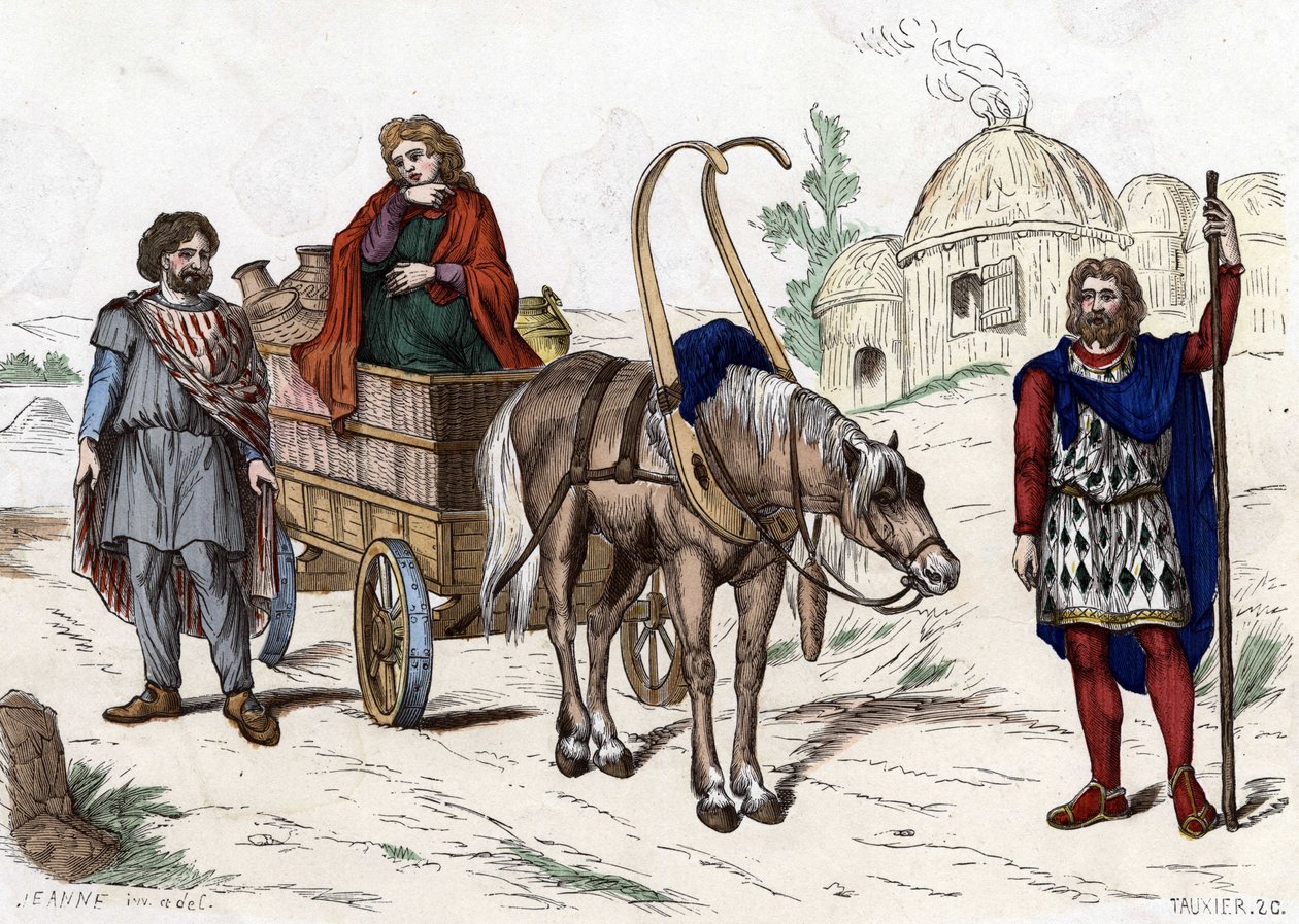 高卢住房、妇女、农民、战车、富农、马具--见《Les Costumes civil et militaires des Français dans travers les siècles Paris F. Roy 1882》。 作者 未知艺术家