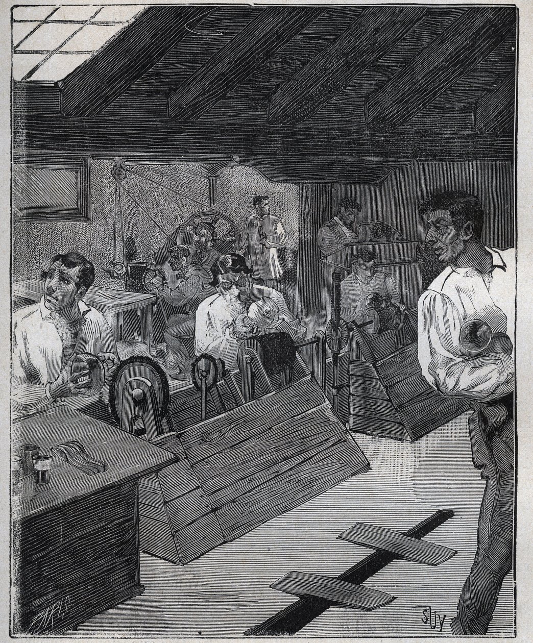 电镀：用刮刀对黄金珠宝进行刮磨。1885年阿道夫-比塔尔在 "Les arts et metiers illustrstres "中的版画。 作者 未知艺术家