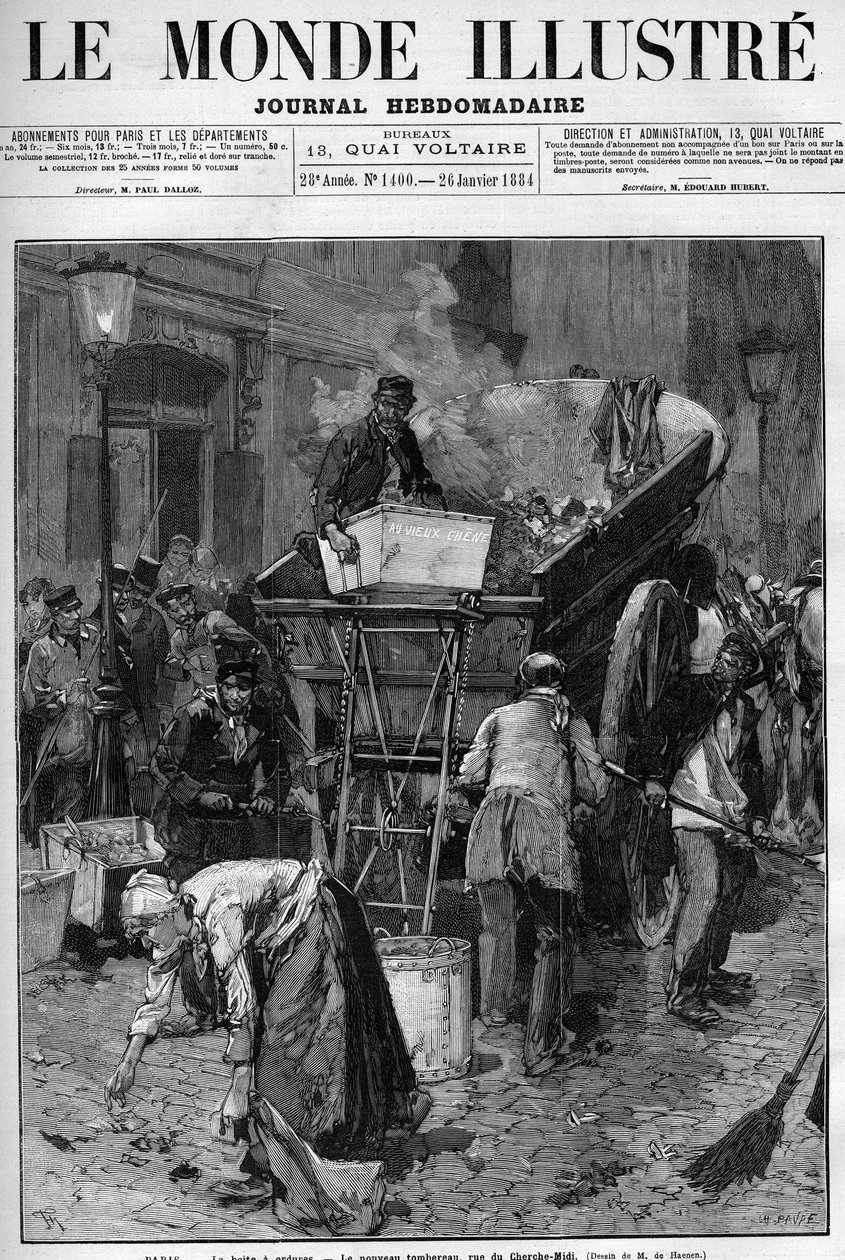 垃圾箱，巴黎的新卡车rue du Cherche Midi (Cherche-Midi)。男人和女人在巴黎的一条街道上捡拾垃圾，将其放入车内，从而净化生活。刊登在 "世界画报 "上的版画 作者 未知艺术家