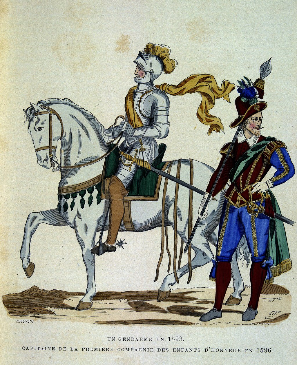 1593 年的宪兵和 1596 年荣誉之子第一连的队长 - 在 Challamel 的“”La France et les francais”中 作者 未知艺术家
