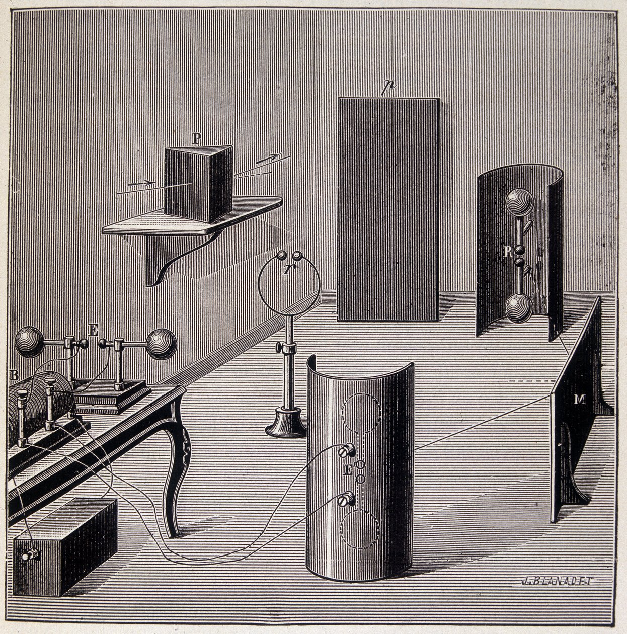 Heinrich Hertz（1857-1894）关于电波的实验的总体布局 - 在 Emile Desbeaux 的“”Physique populaire”中，Flammarion 作者 未知艺术家