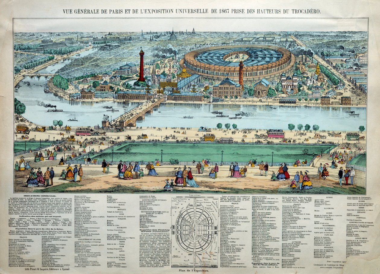 1867年巴黎世界博览会的总体情况。底部：Champ de Mars军事学校的公园。雕刻 巴黎，卡纳瓦莱博物馆 作者 未知艺术家