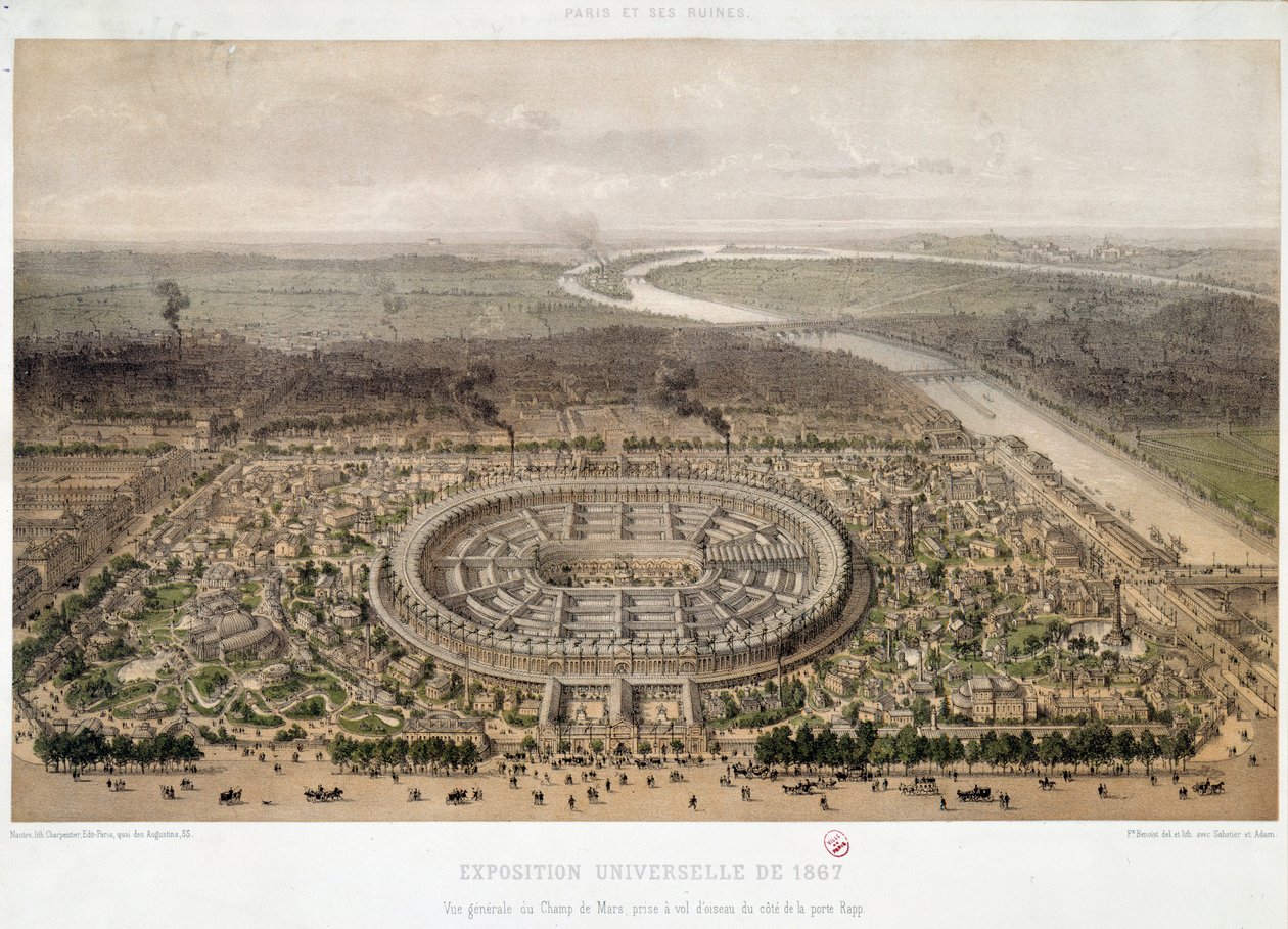 从巴黎Trocadero拍摄的1867年世界博览会的全景：Champ de Mars和跨越塞纳河的Iena桥。19世纪的石版画。巴黎，奥赛博物馆 作者 未知艺术家