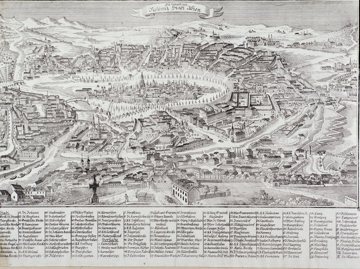 维也纳市的全景以及主要建筑和纪念碑的细节。 奥地利 1800 年私人收藏版画 作者 未知艺术家