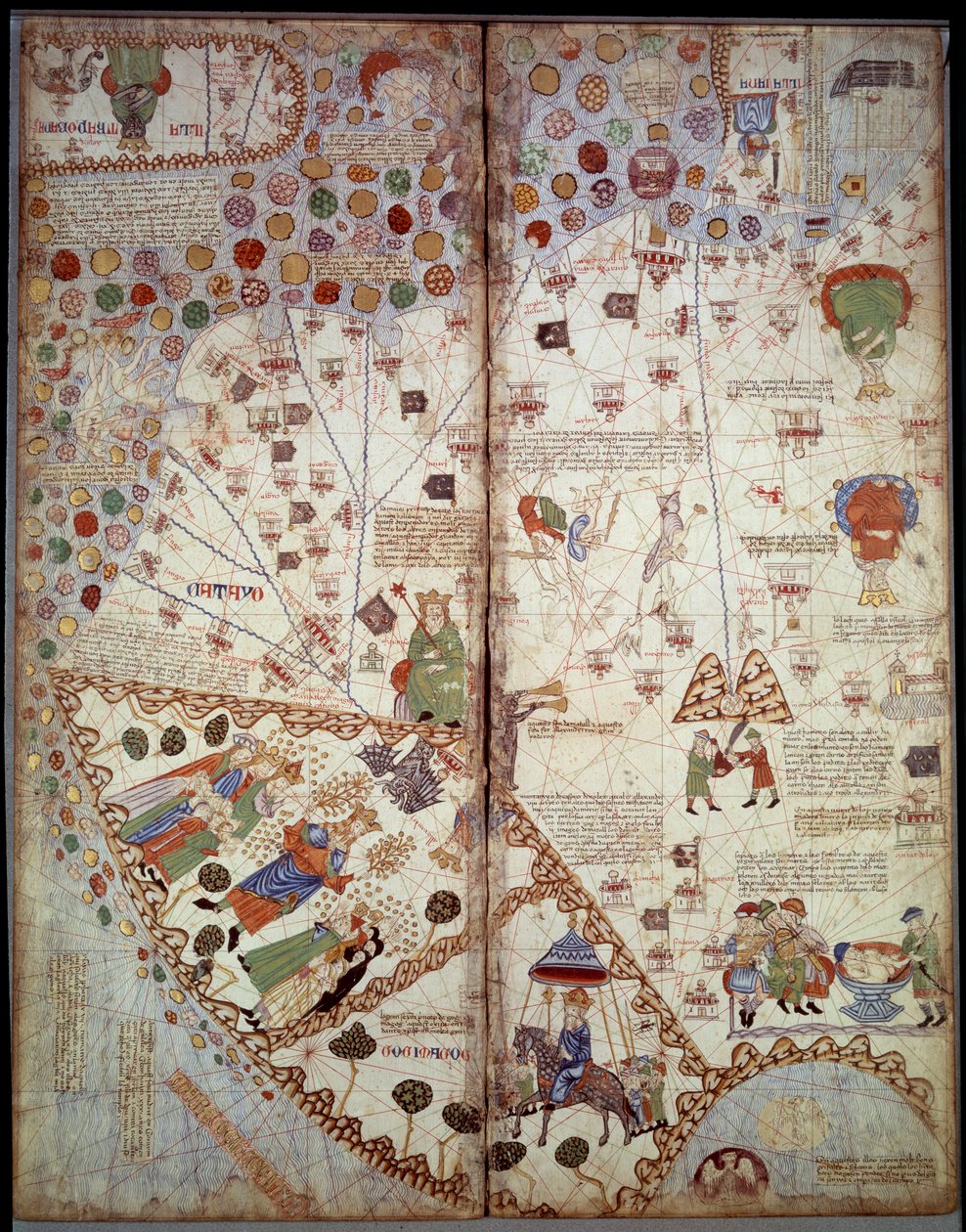 Geographic map: China, Ganges Valley, Sumatra, Ceylan. Catalan Atlas (Catalan map) (Spain). Manuscript of 1375 (Folio 2v - folio 3) by Abraham Cresques. BN, Paris 作者 未知艺术家