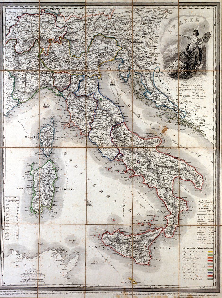 1850 年意大利的地理地图，其中划定了组成该国的不同州的边界。 作者 未知艺术家