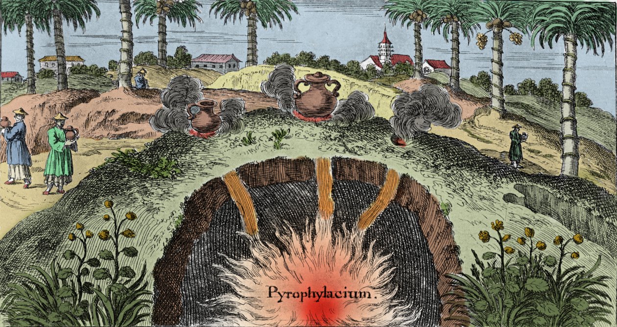 地质学：切开大地的树皮，解释火从地球上的出口。 Johann Zahn (1631-1707) 的“Mundi Mirabilis Oeconomia”版画 作者 未知艺术家