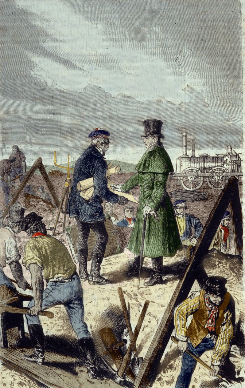 Georges Stephenson (1781-1848)，英国工程师，利物浦曼彻斯特路的建造者和他的第一辆机车。 作者 未知艺术家