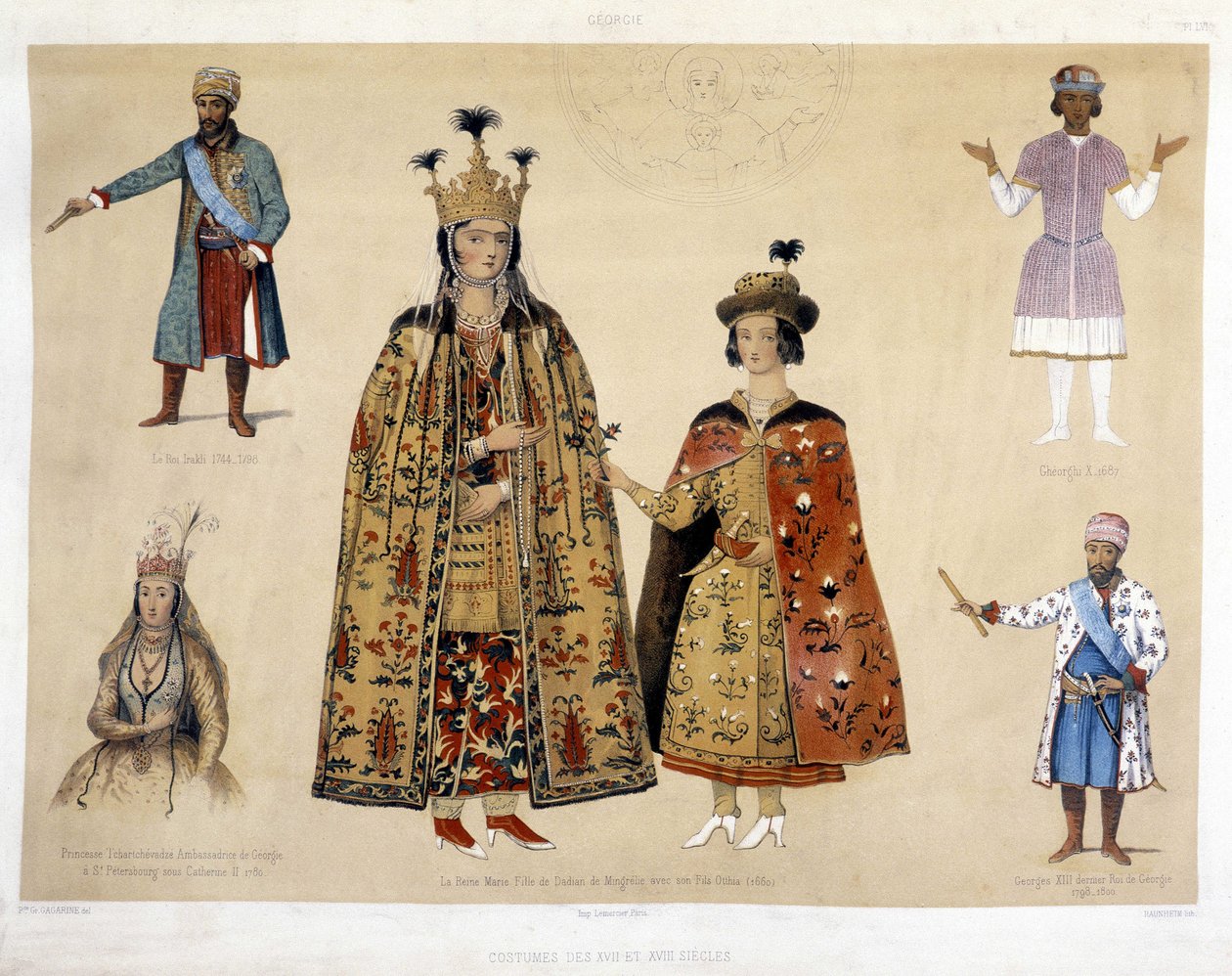 16 和 17 世纪的格鲁吉亚服装板：伊拉克利国王（1744 - 1798）、格奥尔基十世（1687）、查尔切瓦泽公主（1780 年叶卡捷琳娜二世时期格鲁吉亚驻圣彼得堡大使）、玛丽王后（明格列的达迪安之女） 儿子奥提亚 1 作者 未知艺术家