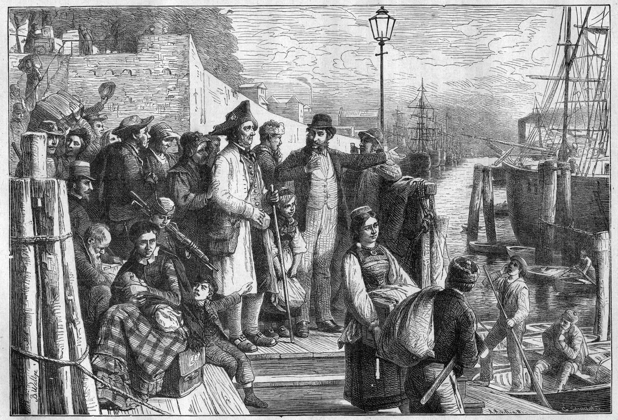 1874年前往纽约的德国移民在汉堡的汽船上登船，雕刻 - (Deutsche Emigranten) 作者 未知艺术家