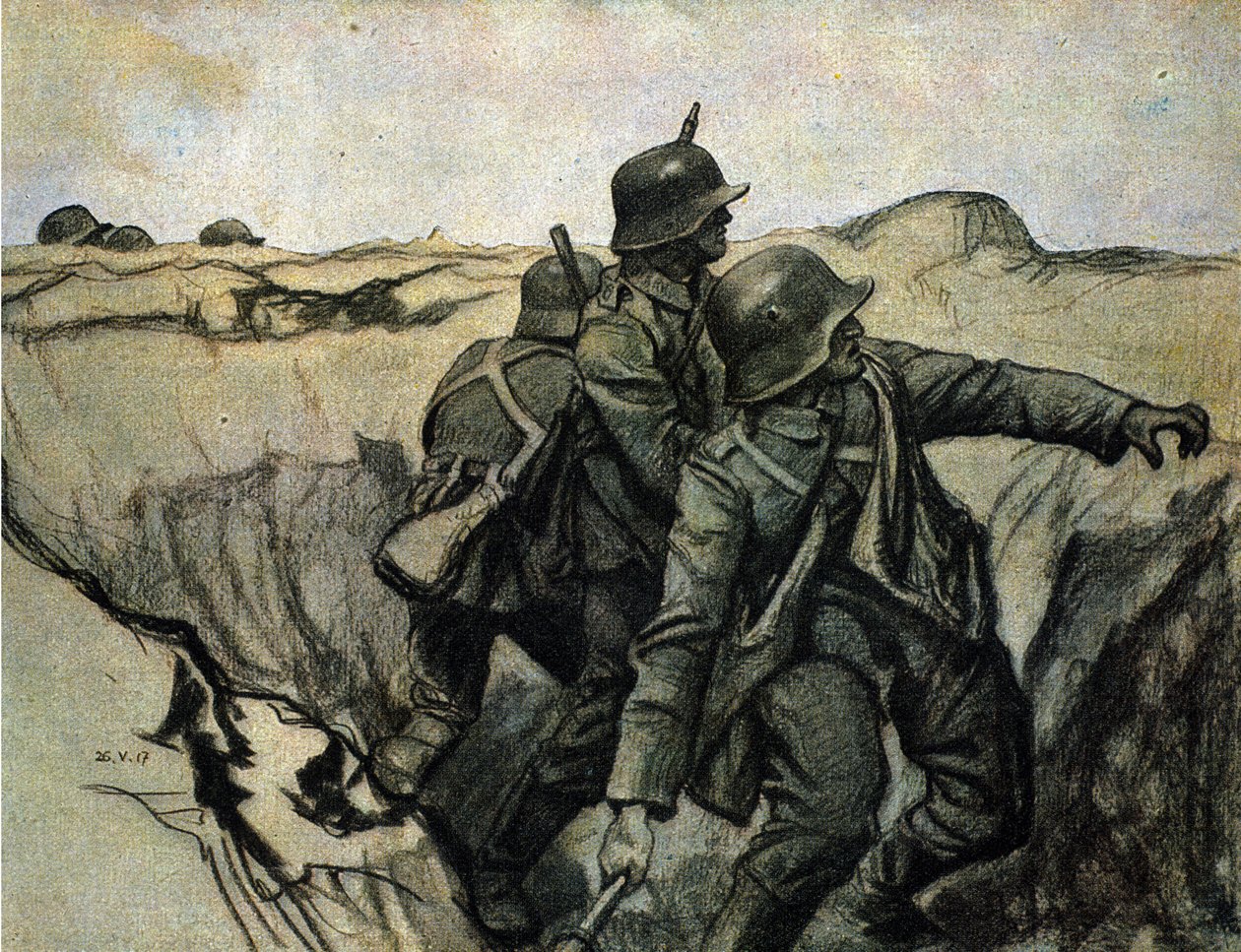 德国士兵从战壕中向敌军投掷手榴弹。26/5/1917. 作者 未知艺术家