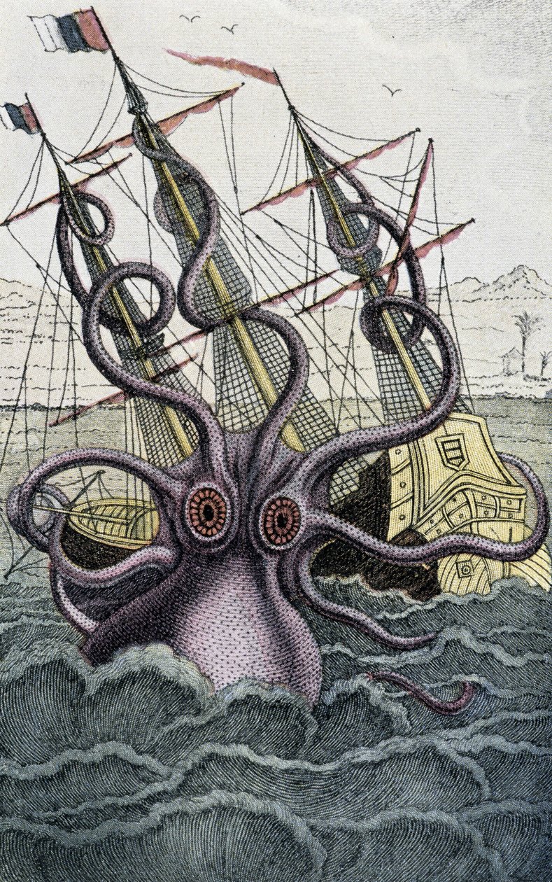 巨型章鱼 (Kraken) 攻击一艘船 - 来自 Denys-Montfort 的“Histoire naturelle des mollusques”，巴黎 作者 未知艺术家