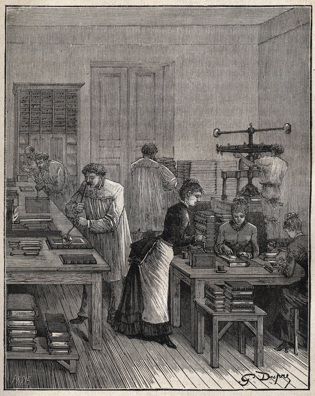 19世纪法国一家工场用铁器给书籍（封面）镀金。1885年阿道夫-比塔尔（Adolphe BITARD）在 "Les arts et metiers illustrstres "中的雕版画。 作者 未知艺术家