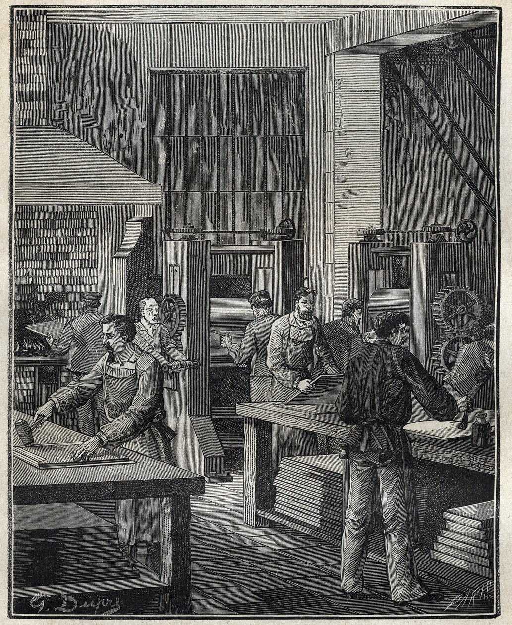 金匠：准备板材，为执行特殊银器准备金属。1885年阿道夫-比塔尔（Adolphe BITARD）在 "Les arts et metiers illustrstres "中的版画。 作者 未知艺术家