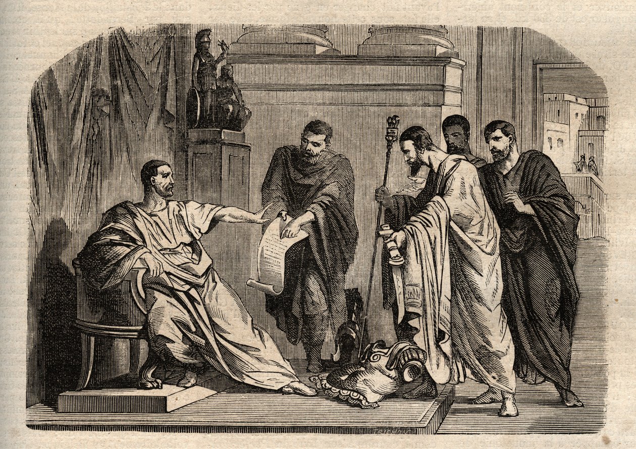 戈尔迪安一世（158-238）拒绝帝国尊严--戈尔迪安一世（Marcus Antonius Gordianus Sempronianus Romanus Africanus）拒绝帝国尊严--《杰出人物词典》中的雕刻--1864年--由Joseph Decembre和Edmond Allonier创作。 作者 未知艺术家