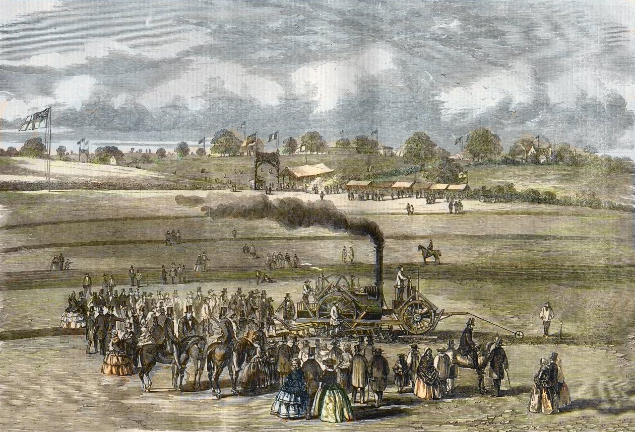 大不列颠。农业，耕作场景。1854年在劳斯附近的博伊德尔蒸汽犁。(在Louth附近用Boydell的发动机进行蒸汽犁耕作）。) 作者 未知艺术家
