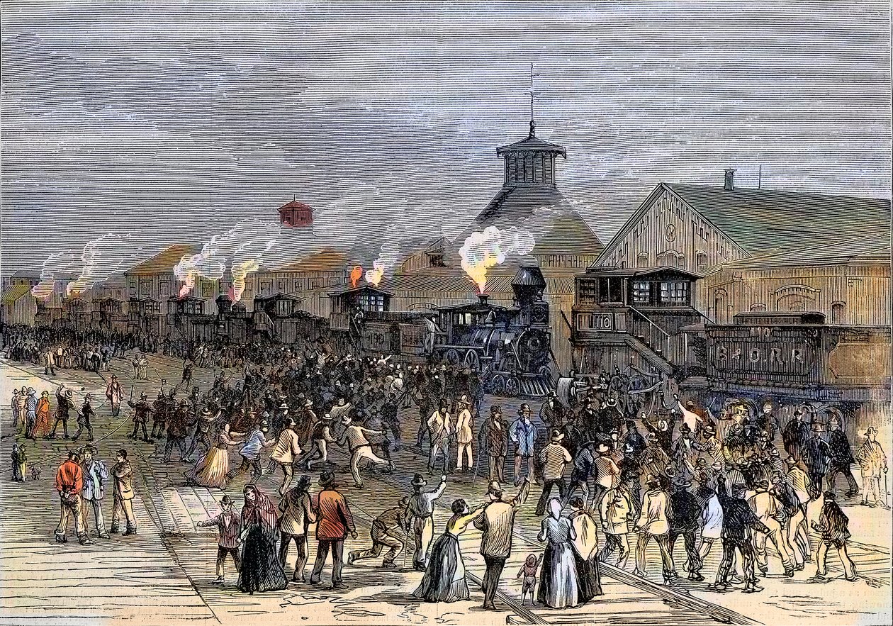 1877年的铁路大罢工，在西弗吉尼亚州马丁斯堡封锁了发动机 作者 未知艺术家